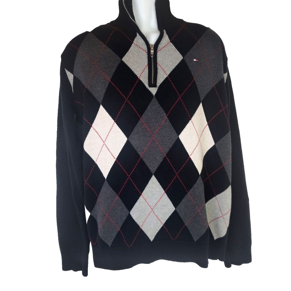 Tommy Hilfiger - Mens Black Gray White Red Argyle 1/4 Zip Sweater Size XL